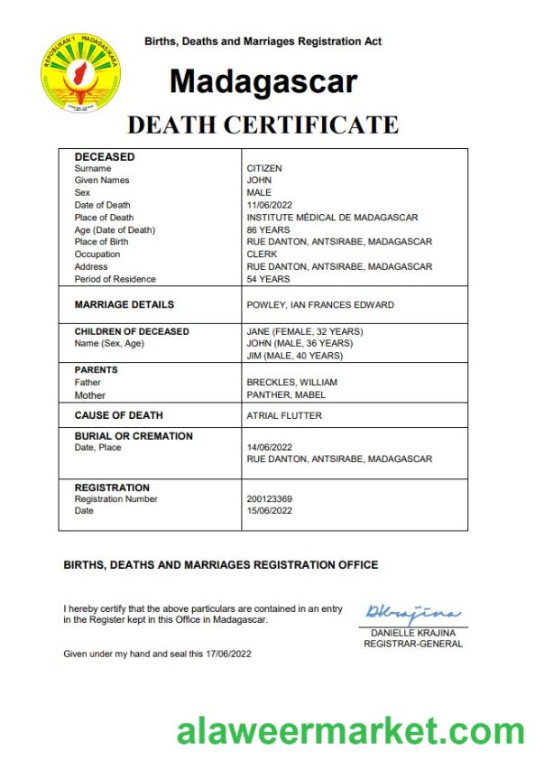 Madagascar vital record death certificate Word and PDF template